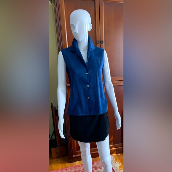 Royal Blue 100% linen button-up shirt mother-of-pearl buttons embroidered collar - Picture 5 of 16